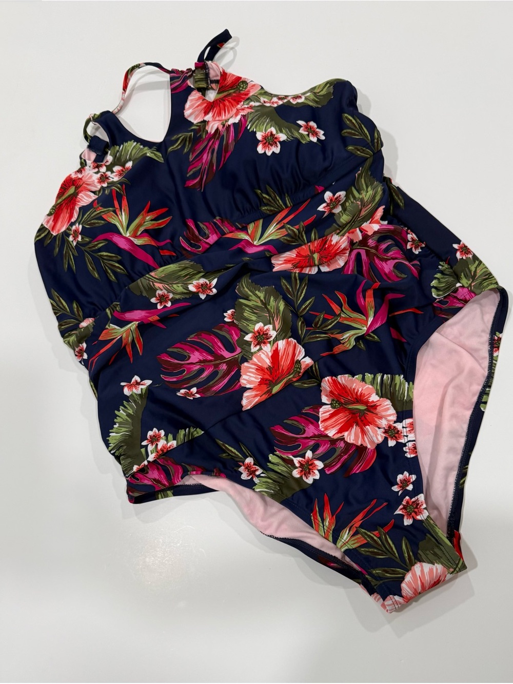 Kona Sol Keyhole Braided Strap One Piece Swimsuit Navy Tropical Hibiscus Size24W - Picture 2 of 7
